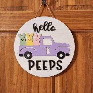 Hello Peeps Wooden Sign, Easter, Spring, Wood Round Sign, Wood Sign, Laser Cut